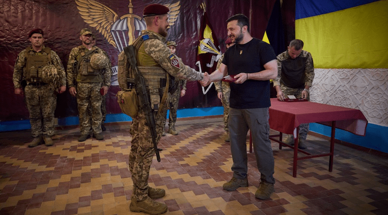Ukraine's President Volodymyr Zelenskyy visited combat brigades involved in repulsing Russian aggression in the Zaporizhzhia sector. Photo Credit: Ukraine Presidential Press Service