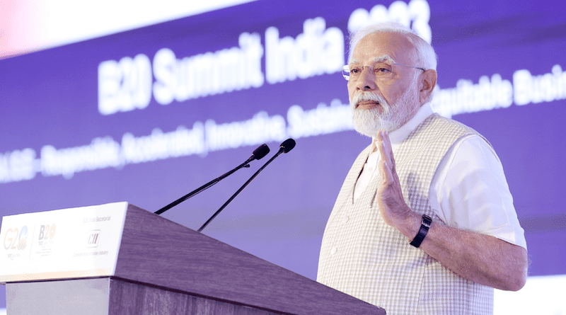 India's Prime Minister Narendra Modi at B20 Summit, which is the official G20 dialogue forum with the global business community. Photo Credit: India PM Office