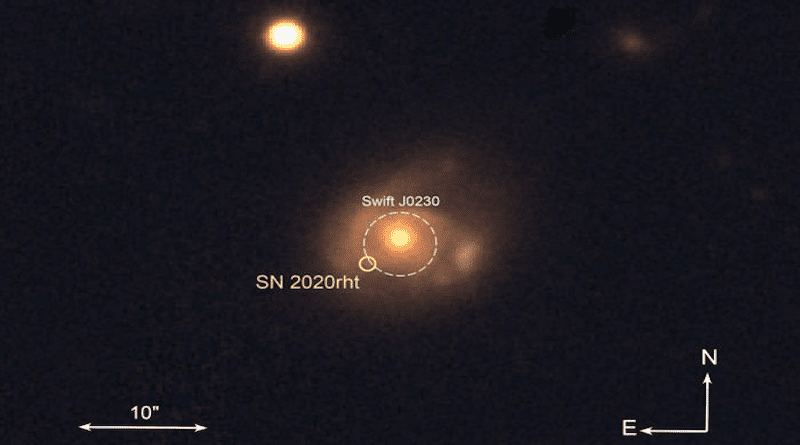 An optical image of the galaxy in which the new event occurred, taken from archival PanSTARRS data. The X-ray object was located to somewhere inside the white circle, which is about the size a pinhead 100m away would appear. The position of a 2 year old supernova is also shown. CREDIT: Daniele B. Malesani / PanSTARRS