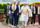US President Joe Biden with India's PM Narendra Modi and G20 leaders as they arrive at the Samadhi of Mahatma Gandhi at Rajghat, in New Delhi on September 10, 2023. Photo Credit: India PM Office