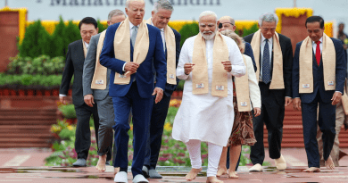 US President Joe Biden with India's PM Narendra Modi and G20 leaders as they arrive at the Samadhi of Mahatma Gandhi at Rajghat, in New Delhi on September 10, 2023. Photo Credit: India PM Office