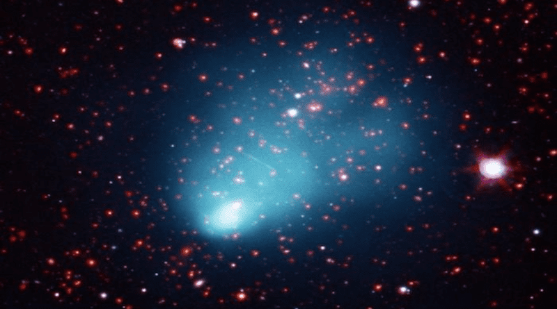 Composite colour image of the interacting galaxy cluster El Gordo, showing X-ray light from NASA's Chandra X-ray Observatory in blue, optical data from the European Southern Observatory's Very Large Telescope in red, green, and blue, and infrared emission from NASA's Spitzer Space Telescope in red and orange. CREDIT X-ray: NASA/CXC/Rutgers/J. Hughes et al; Optical: ESO/VLT & SOAR/Rutgers/F. Menanteau; IR: NASA/JPL/Rutgers/F. Menanteau