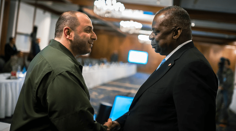 Secretary of Defense Lloyd J. Austin III thanks Ukraine's Defense Minister Rustem Umerov at the conclusion of the 15th meeting of the Ukraine Defense Contact Group at Ramstein Air Base, Germany, Sept. 19, 2023. Photo Credit: Chad McNeeley, DOD