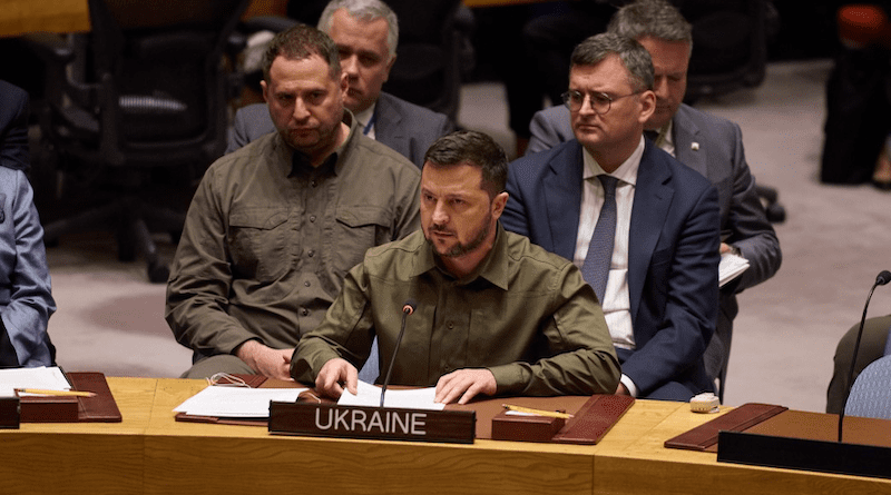 Ukraine's President Volodymyr Zelenskyy addresses a high-level Security Council meeting during the 78th session of the United Nations General Assembly. Photo Credit: Ukraine Presidential Press Service