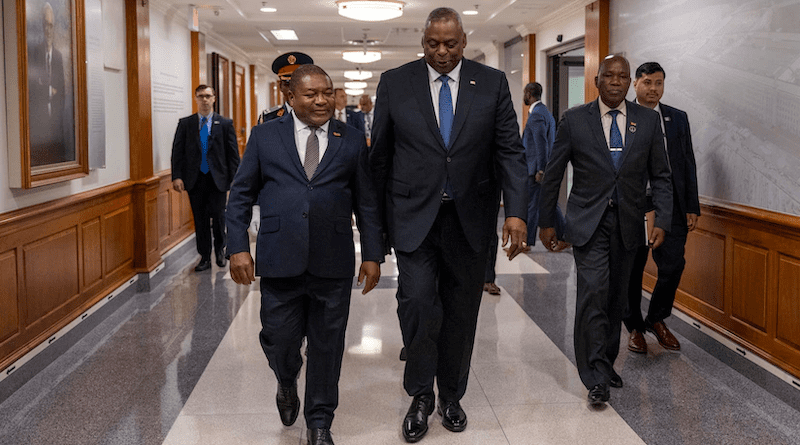 Secretary of Defense Lloyd J. Austin III walks with Mozambique’s President Filipe Nyusi during a meeting at the Pentagon, Sept. 22, 2023. Photo Credit: Air Force Senior Airman Cesar J. Navarro