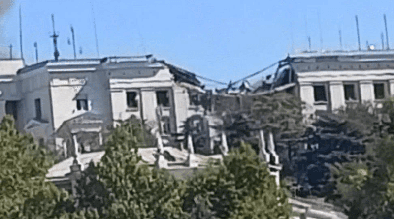 Aftermath of missile strike on Russian Black Sea Navy headquarters in Crimea. Photo Credit: Ukraine Defense Ministry