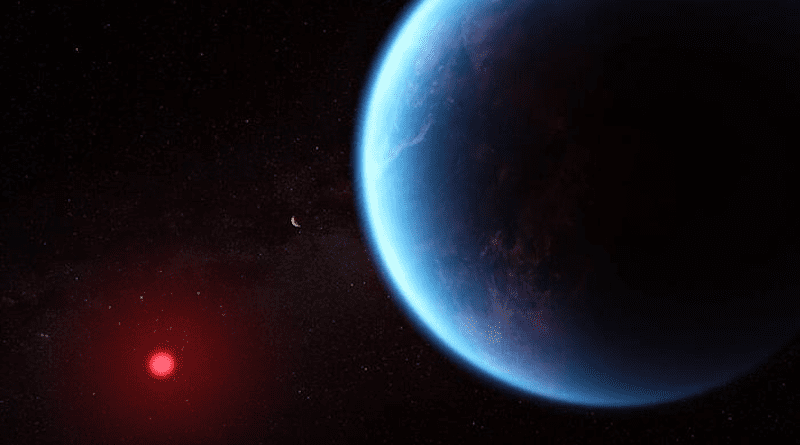 This artist’s concept shows what exoplanet K2-18 b could look like based on science data. K2-18 b, an exoplanet 8.6 times as massive as Earth, orbits the cool dwarf star K2-18 in the habitable zone and lies 120 light-years from Earth. A new investigation with NASA’s James Webb Space Telescope into K2-18 b has revealed the presence of carbon-bearing molecules including methane and carbon dioxide. The abundance of methane and carbon dioxide, and shortage of ammonia, support the hypothesis that there may be a water ocean underneath a hydrogen-rich atmosphere in K2-18 b. CREDIT Credits: Illustration: NASA, CSA, ESA, J. Olmsted (STScI), Science: N. Madhusudhan (Cambridge University)