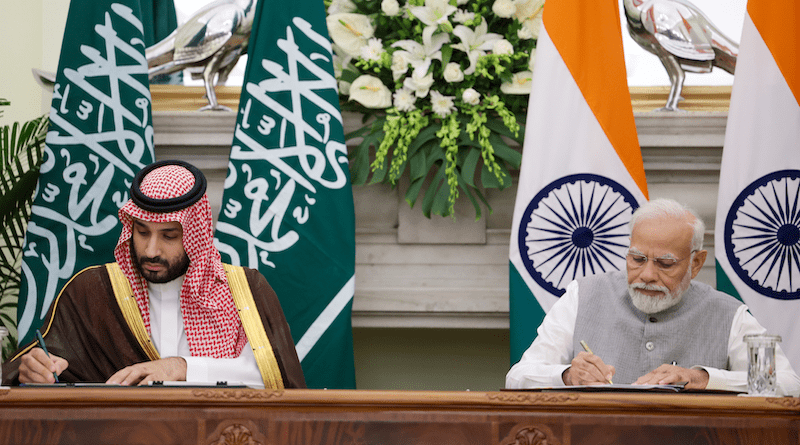 Saudi Arabia's Crown Prince Mohammed bin Salman with India's Prime Minister Narendra Modi signing agreements. Photo Credit: India PM Office