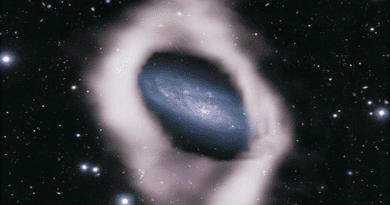 Potential polar ring galaxy NGC 4632. The picture shows a gaseous ring perpendicularly circulating the main spiral disk of the galaxy. [Credit: Jayanne English (U. Manitoba), Nathan Deg (Queen's U.) & WALLABY Survey, CSIRO / ASKAP, NAOJ / Subaru Telescope]