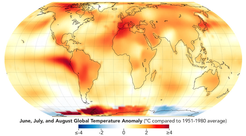 This map depicts global temperature anomalies for meteorological summer in 2023 (June, July, and August). It shows how much warmer or cooler different regions of Earth were compared to the baseline average from 1951 to 1980. Credits: NASA Earth Observatory/Lauren Dauphin