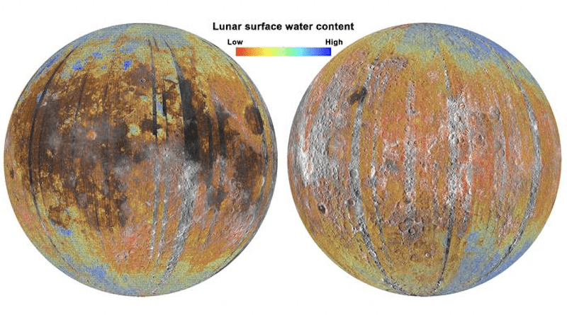 Water content map on the surface of the Moon. CREDIT: Li, et al., 2023