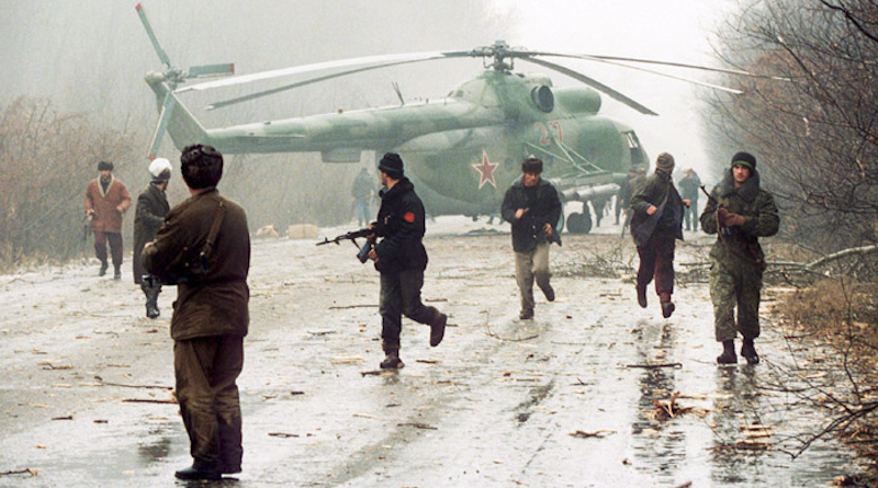 A Russian Mil Mi-8 helicopter brought down by Chechen fighters near the Chechen capital of Grozny in 1994. Photo Credit: Mikhail Evstafiev, Wikipedia Commons