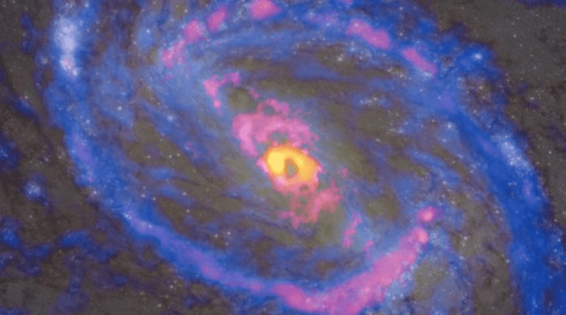 Hydrogen cyanide isotopes (H13CN), shown in yellow, are found only around the black hole at the center. Cyanide radicals (CN), shown in red, appear not only in the center and a large-scale ring-shaped gas structure, but also along the bipolar jets extending from the center towards the northeast (upper left) and southwest (lower right). Carbon monoxide isotopes (13CO), shown in blue, avoid the central region. CREDIT: ALMA (ESO/NAOJ/NRAO), NASA/ESA Hubble Space Telescope, T. Nakajima et al.