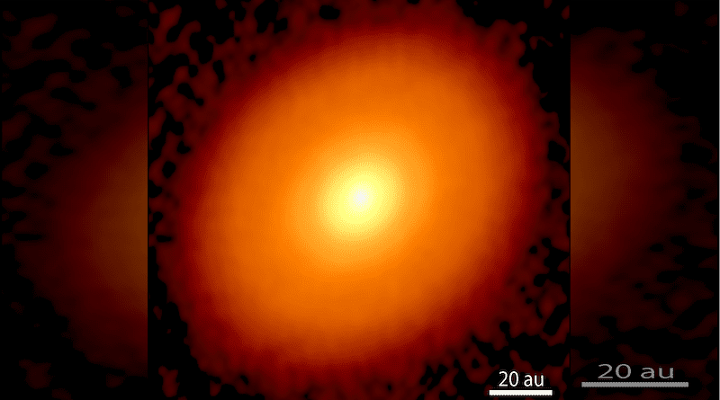 An image of the radio wave emission strength from the disk around DG Taurus, observed with ALMA. Rings have not yet formed in the disk, suggesting that it is just before planet formation. (Credit: ALMA (ESO/NAOJ/NRAO), S. Ohashi et al.)