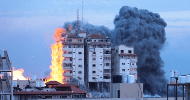 A building is engulfed in flames in central Gaza. Photo Credit: UN News/Ziad Taleb
