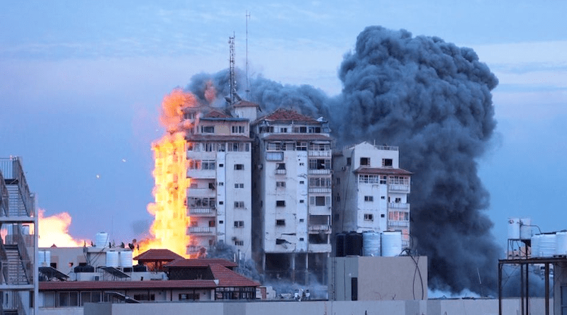 A building is engulfed in flames in central Gaza. Photo Credit: UN News/Ziad Taleb