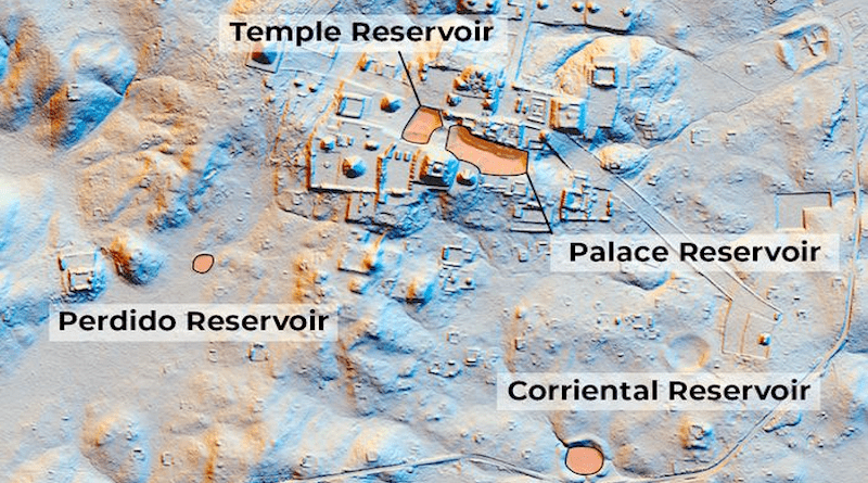 Lidar map of Tikal highlighting some of its reservoirs. CREDIT (Image adapted Tankersley et al. 2020). Lidar-derived hillshade image created by Francisco Estrada-Belli of the PAQUNAM LiDAR Initiative. Used with permission. Graphic modified by Bryan Lin.
