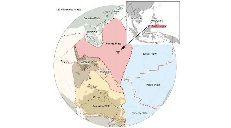 The Pontus oceanic plate that was reconstructed by Suzanna van de Lagemaat: its location in the paleo-Pacific ocean 120 million years ago, and its present relicts. An earlier study showed that a large subduction zone must have run through the western paleo-Pacific Ocean, which separated the known Pacific plates in the east from a hypothetical Pontus plate in the west. This hypothesis has now been independently demonstrated by Van de Lagemaat’s research. CREDIT: Suzanna van de Lagemaat, Utrecht University