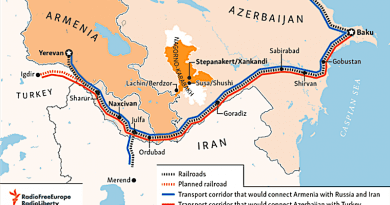 The Zangezur Corridor and locations to Turkey, Armenia, Iran and Azerbaijan. Credit: RFE/RL