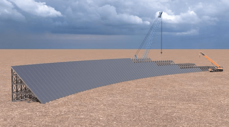 SwRI has developed a new modular steel buttress dam system that will help resolve energy storage issues hindering the integration of renewable resources into the energy mix. Prefabricated structural members are ten feet high and ten to forty feet long so they can be trucked to the site using standard or low-boy flatbed trailers via the interstate highway system. Structural elements are assembled on-site using common heavy construction equipment to erect the buttress framework, whose face is subsequently clad with cylindrically curved steel plates CREDIT: Southwest Research Institute