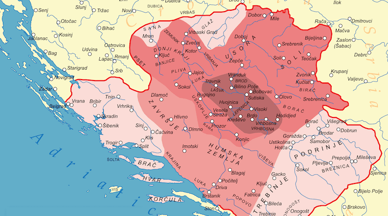 Territorial evolution of the Bosnian Kingdom from 12th to 14th Century. Credit: Wikipedia Commons