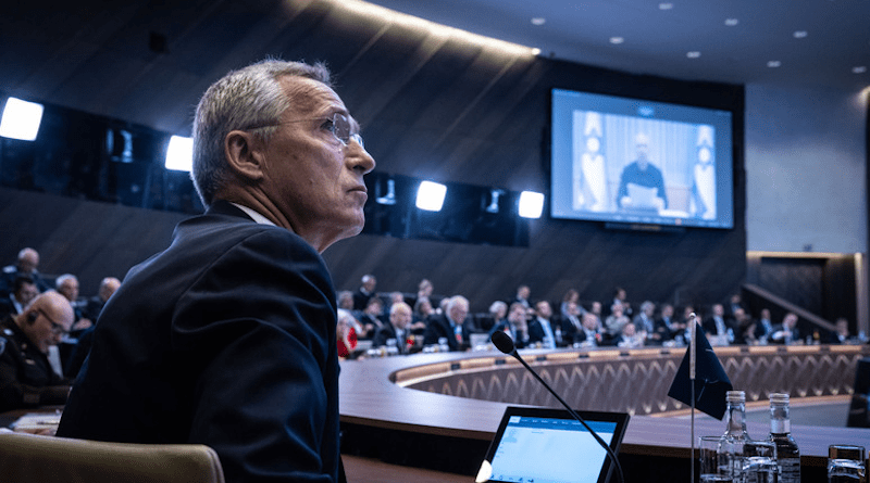 NATO Secretary General Jens Stoltenberg participates in video conference call with Israel's Defense Minister Yoav Gallant. Photo Credit: NATO