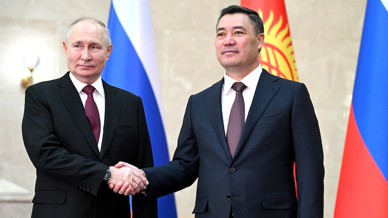 Russia's President Vladimir Putin with President of Kyrgyzstan Sadyr Japarov at the official welcomimg ceremony in Bishkek. Photo Credit: Dmitry Azarov, Kremlin.ru