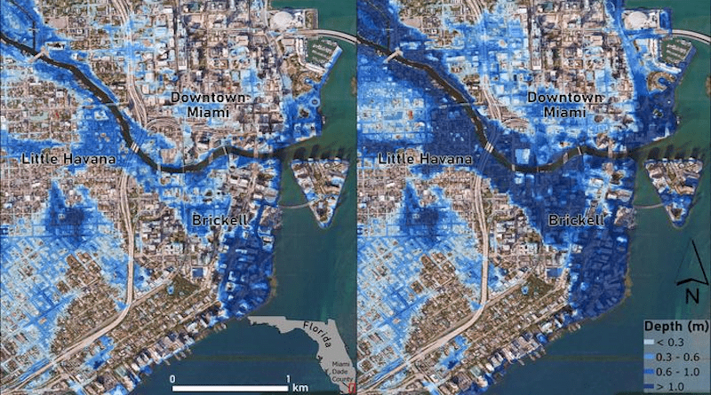 Current potential flood exposure (blue areas) in downtown Miami (left panel) and with one meter of sea-level rise. Deeper blues represent greater depth. CREDIT: Adapted from Seeteram et al., Environmental Research Letters, 2023