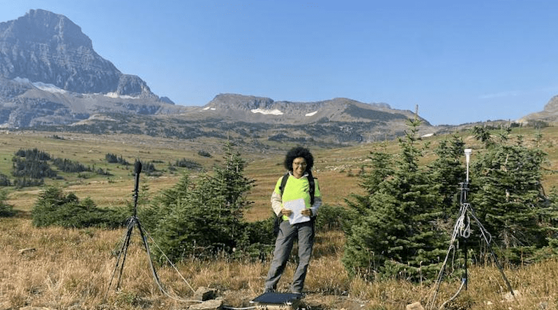 Mosaics in Science intern Whitney Wyche pictured next to the equipment she used to measure the changing acoustic environment in Glacier National Park. CREDIT: Whitney Wyche