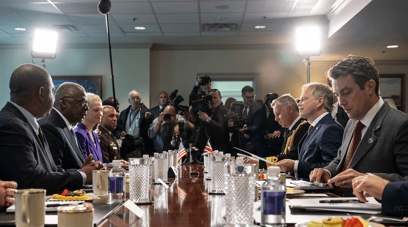 Secretary of Defense Lloyd J. Austin III and British Defense Secretary Grant Shapps participate in a bilateral exchange at the Pentagon, Oct. 18, 2023. Photo Credit: Navy Petty Officer 1st Class Alexander Kubitza