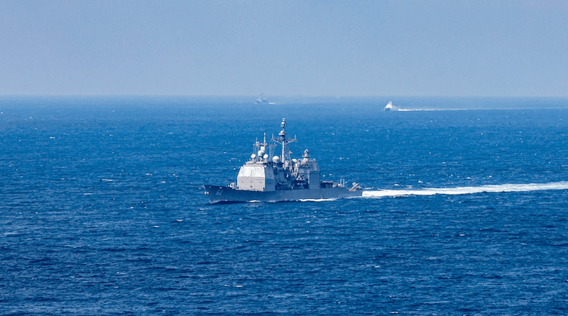 File photo of the guided-missile cruiser USS Chancellorsville transiting the Taiwan Strait during a routine transit near Chinese navy ships. Photo Credit: Navy Petty Officer 2nd Class Justin Stack