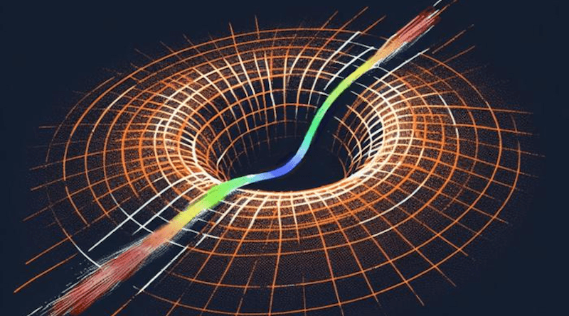 An artistic depiction of a wave encountering an exponentially curved spacetime. Illustration: Matias Koivurova, University of Eastern Finland