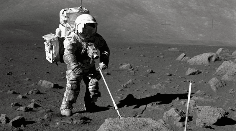 Apollo 17 astronaut Harrison Schmitt in 1972, covered in lunar dust. CREDIT: Courtesy of NASA