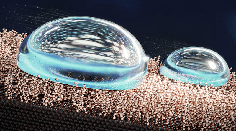 An artist's depiction of the liquid-like layer of molecules repelling water droplets. CREDIT: Ekaterina Osmekhina/Aalto University