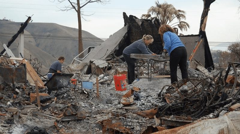 United States, 2008. Homeowners sort through debris after wildfires destroyed their home in the state of California. Credit: FEMA/Michael Mancino, Public Domain.