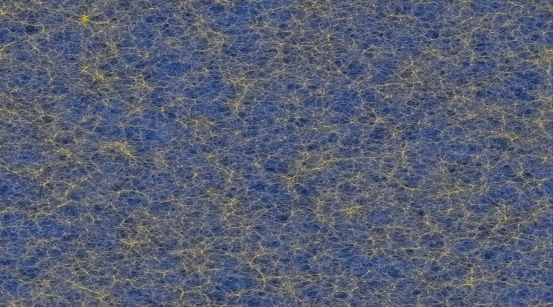 A projection through a 130 million light years thick slice through a simulation of a cubic volume of 9,132 million light years on a side. The luminosity of the background image gives the cold dark matter surface density whilst the colour encodes the surface density of massive neutrinos. The filamentary cosmic web of large-scale structure is clearly visible. The fact that the colour changes more smoothly than the luminosity indicates that neutrinos cluster on larger length scales than cold dark matter. CREDIT: Image credit Josh Borrow, the FLAMINGO team and the Virgo Consortium.