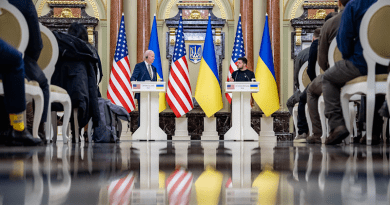 President Joe Biden delivers a joint statement with Ukrainian President Volodymyr Zelenskyy, Monday, February 20, 2023, at the Mariyinskyy Palace in Kyiv, Ukraine. (Official White House Photo by Adam Schultz)
