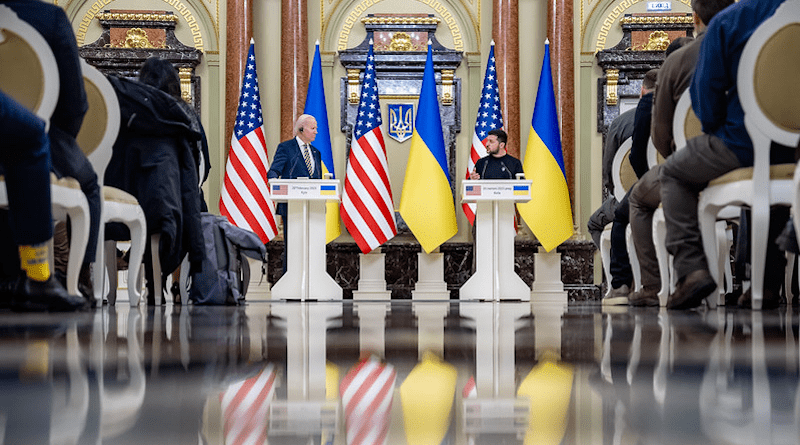 President Joe Biden delivers a joint statement with Ukrainian President Volodymyr Zelenskyy, Monday, February 20, 2023, at the Mariyinskyy Palace in Kyiv, Ukraine. (Official White House Photo by Adam Schultz)