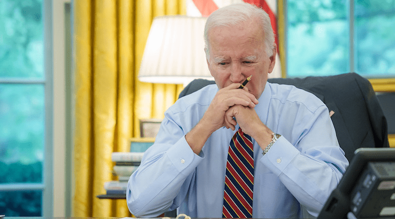 President Joe Biden participates in a phone call with Quint leaders Emmanuel Macron of France, Prime Minister Giorgia Meloni of Italy, Chancellor Olaf Scholz of Germany and United Kingdom Prime Minister Rishi Sunak, Monday, October 9, 2023, in the Oval Office of the White House. (Official White House Photo by Adam Schultz)