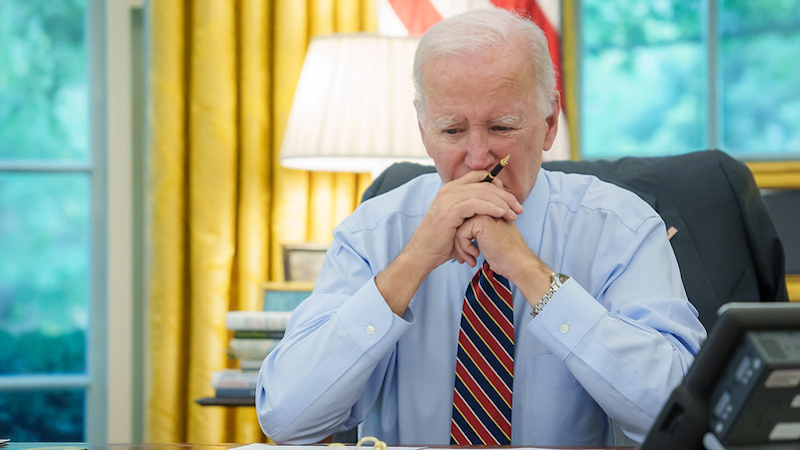 President Joe Biden participates in a phone call with Quint leaders Emmanuel Macron of France, Prime Minister Giorgia Meloni of Italy, Chancellor Olaf Scholz of Germany and United Kingdom Prime Minister Rishi Sunak, Monday, October 9, 2023, in the Oval Office of the White House. (Official White House Photo by Adam Schultz)