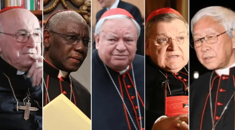 Left to right: German Cardinal Walter Brandmüller, Guinean Cardinal Robert Sarah, Mexican Cardinal Juan Sandoval Íñiguez, American Cardinal Raymond Burke, and Chinese Cardinal Zen Ze-Kiun. | Credit: Bohumil Petrik/CNA; Intermirifica.net; Daniel Ibáñez/CNA