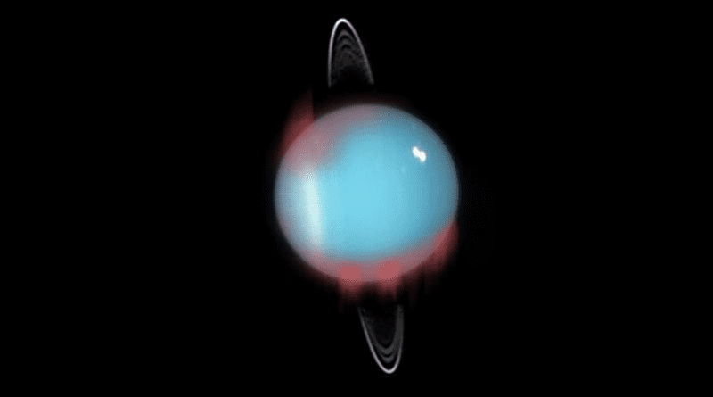 An artistic representation of how the northern infrared aurora would have looked like in 2006 (marked in red). The darker red locations indicate confirmed aurora locations, with fainter red used to mark possible aurora locations. Credit to NASA, ESA and M. Showalter (SETI Institute) for the background image of Uranus, as was observed by the Hubble Space Telescope (in the visible spectrum) in August 2005.