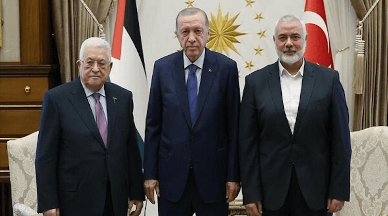File photo of Mahmoud Abbas, the head of the Palestinian Authority, with Turkey's President Recep Tayyip Erdogan and Ismail Haniyeh, the Hamas group’s political chief. Photo Credit: Mehr News Agency