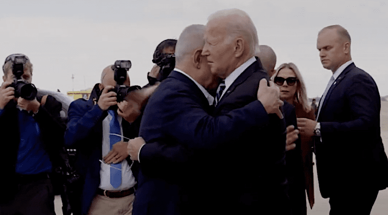 US President Joe Biden hugs Israel's Prime Minister Benjamin Netanyahu. Photo Credit: White House video screenshot