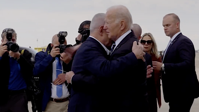 US President Joe Biden hugs Israel's Prime Minister Benjamin Netanyahu. Photo Credit: White House video screenshot