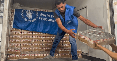 A worker unloads ready-to-eat rations from a truck close to Alexandria, Egypt, in preparation for delivery to Gaza. Photo Credit: WFP/Amira Moussa