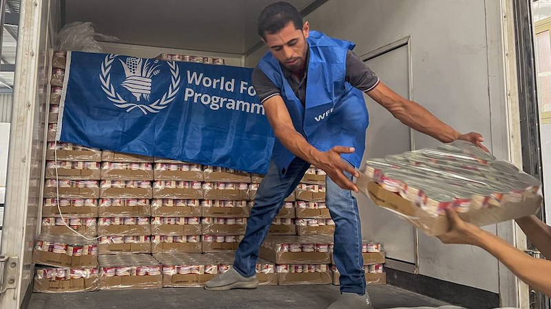 A worker unloads ready-to-eat rations from a truck close to Alexandria, Egypt, in preparation for delivery to Gaza. Photo Credit: WFP/Amira Moussa