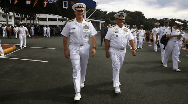 Vice Adm. Karl Thomas (left), commander of the U.S. 7th Fleet, and Vice Admiral Toribio Adaci Jr., flag officer-in-command of the Philippine Navy, are seen together during the ceremony to launch joint naval drills, at the Philippine Navy’s headquarters in Manila, Oct. 2, 2023. Photo Credit: Mark Navales/BenarNews