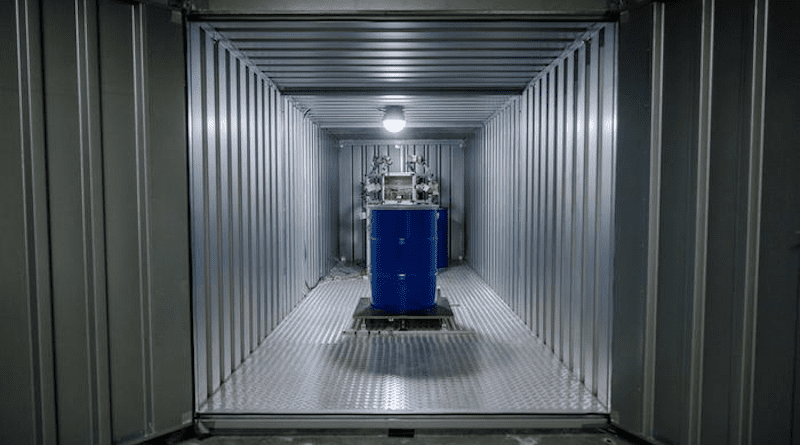 In this container, the researchers tested how robust and how reproducible the radio fingerprint is. The technology detects movements of the blue barrel. CREDIT: RUB, Marquard