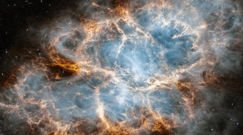 This image by NASA’s James Webb Space Telescope’s NIRCam (Near-Infrared Camera) and MIRI (Mid-Infrared Instrument) reveals new details in infrared light. The supernova remnant is comprised of several different components, including doubly ionized sulfur (represented in red-orange), ionized iron (blue), dust (yellow-white and green), and synchrotron emission (white). In this image, colors were assigned to different filters from Webb’s NIRCam and MIRI: blue (F162M), light blue (F480M), cyan (F560W), green (F1130W), orange (F1800W), and red (F2100W). CREDIT Image: NASA, ESA, CSA, STScI, T. Temim (Princeton University).